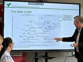 Ein Referent zeigt auf eine Folie mit einer Matrix zu Schlüsselkompetenzen der Zukunft. Im Publikum sitzen Teilnehmende der Summer School.