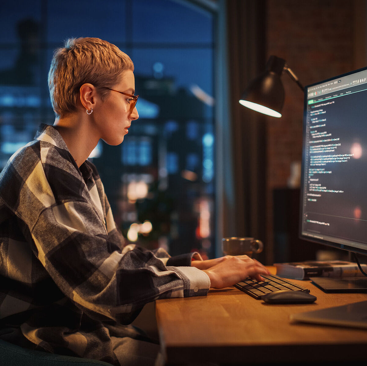 Eine Softwareentwicklerin sitzt in der Nacht vor ihrem Computer