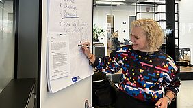 Eine blonde, lockige Frau steht vor einem Flipchart. Sie hat einen Stift in der rechten Hand und schreibt auf das CHart.