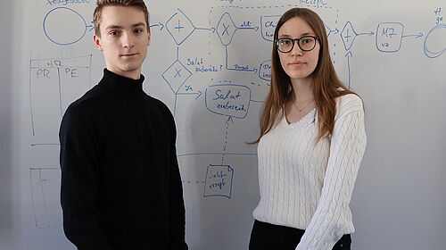 Zwei junge Studierende vor einem Whiteboard.