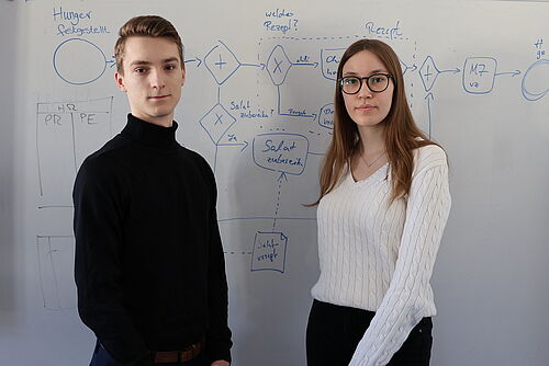 Zwei junge Studierende vor einem Whiteboard.