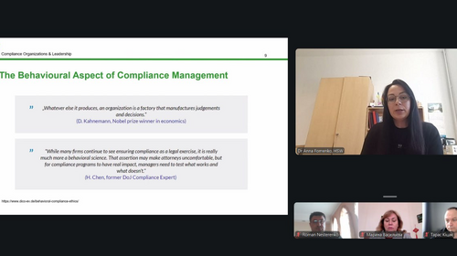Compliance management in the pilot phase Dr Anna Fomenko is giving an online lecture on the behavioural aspect of compliance management.