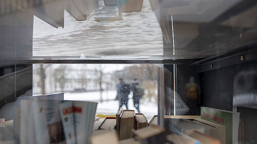 Die Kamera schaut über die Bücher hinweg durch den Bücherschrank auf die dahinterleigende Campuswiese.